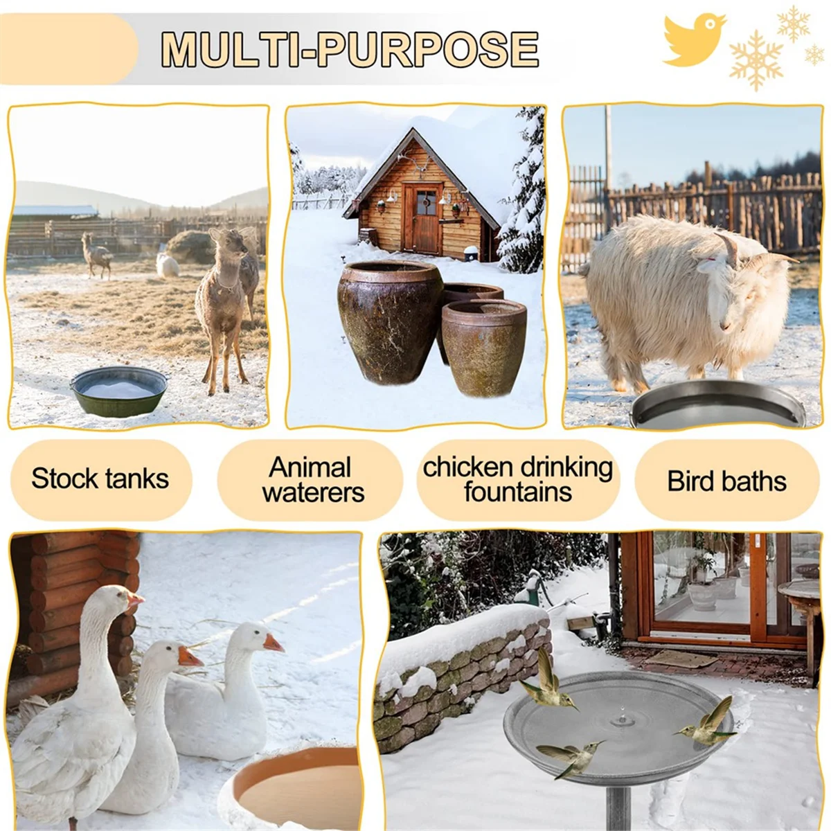 60W Bird Bath Heater Deicer with Thermostat Control & Auto Shut