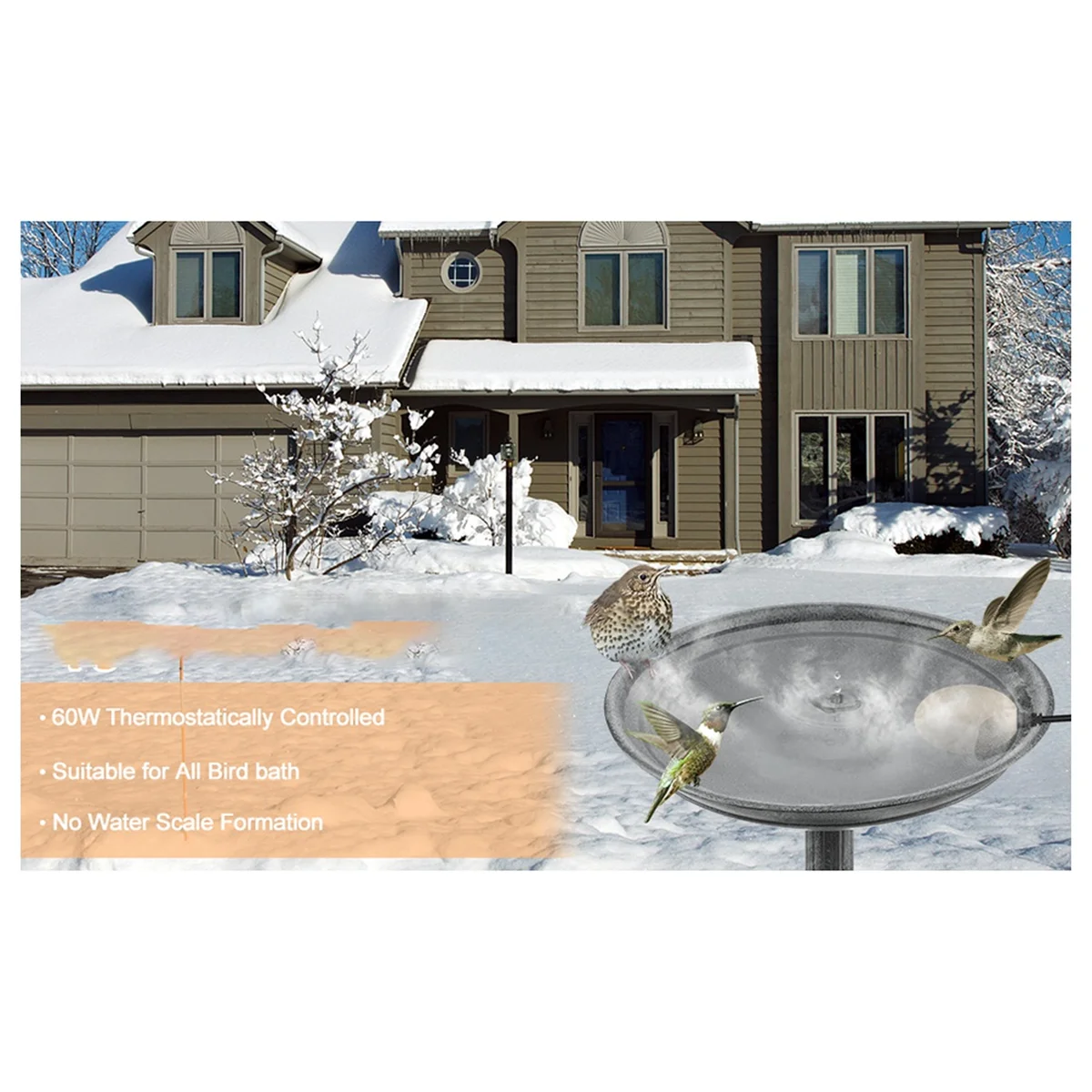 60W Bird Bath Heater Deicer with Thermostat Control & Auto Shut